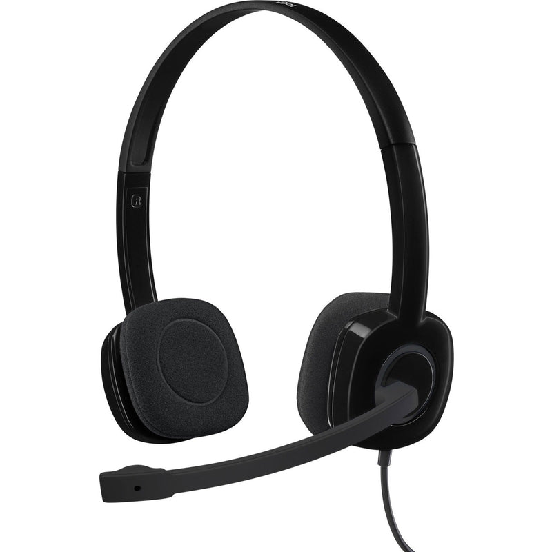 Logitech H151 stereo headset with adjustable boom microphone in black, side view showing ear cushions and headband design