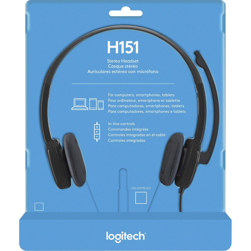 Logitech H151 retail packaging showing device compatibility and features