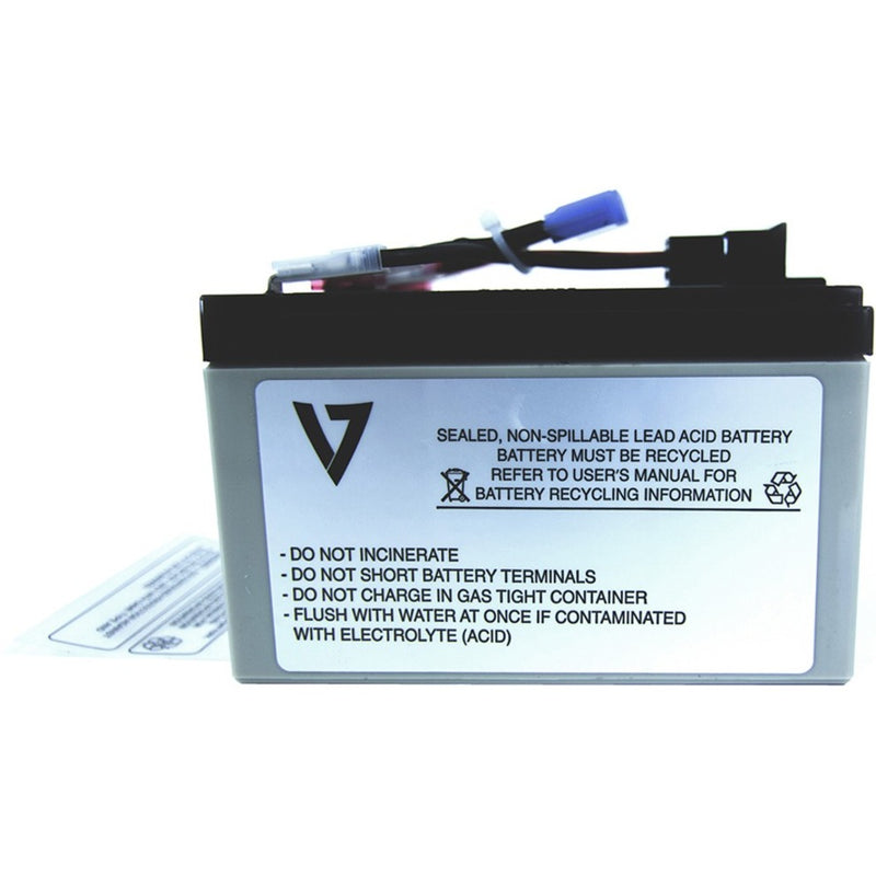 Side view of V7 UPS replacement battery showing detailed safety instructions and recycling information