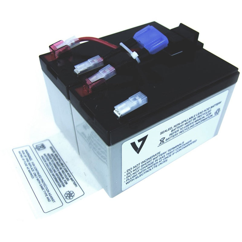 V7 RBC48-V7 UPS replacement battery showing secure connectors and sealed construction with safety labeling