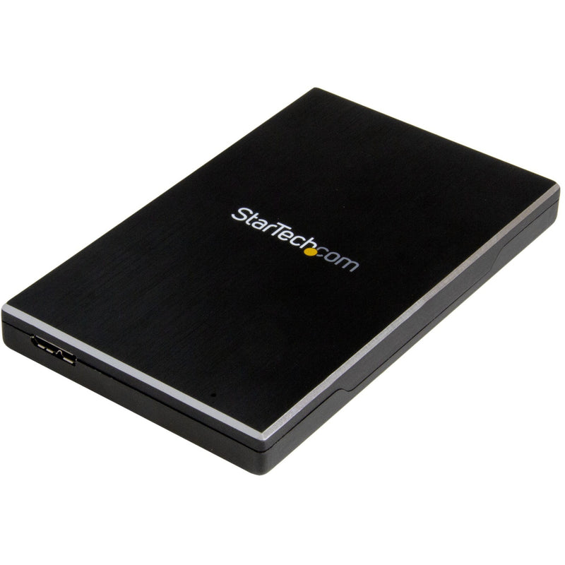 Top view of StarTech.com black aluminum USB 3.1 Gen 2 drive enclosure with logo