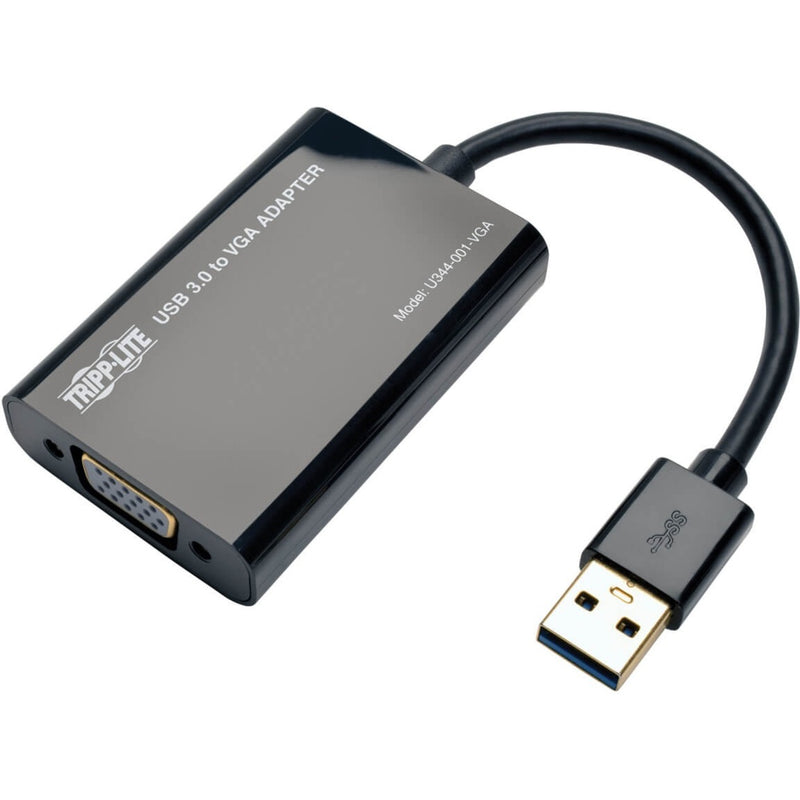 Tripp Lite USB 3.0 to VGA adapter showing the complete device with USB connector and VGA port