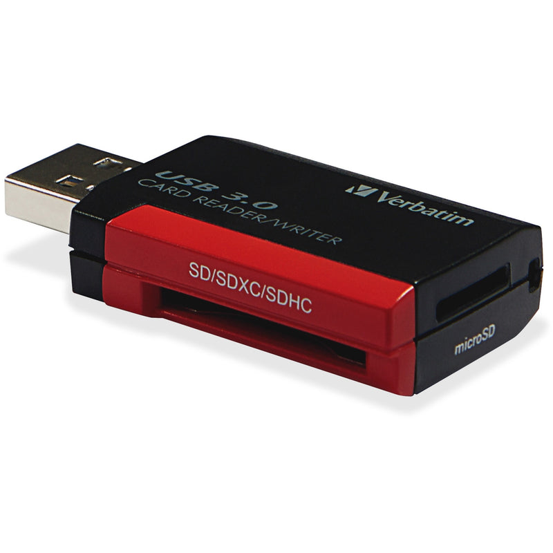 Verbatim USB 3.0 card reader in black and red showing SD card slot and USB connector