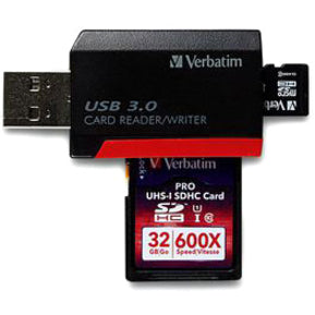 Verbatim card reader with SD card inserted demonstrating practical usage