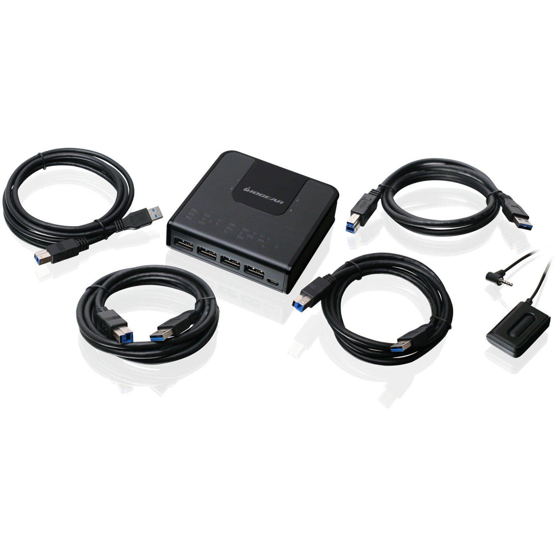 IOGEAR GUS434 USB 3.0 Peripheral Sharing Switch complete package showing main unit, USB 3.0 cables, and selector button-alternate-image1