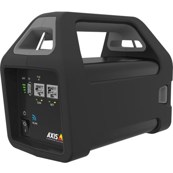 AXIS T8415 Wireless Installation Tool showing interface panel with WiFi, USB, and network status indicators in black housing with ergonomic handle