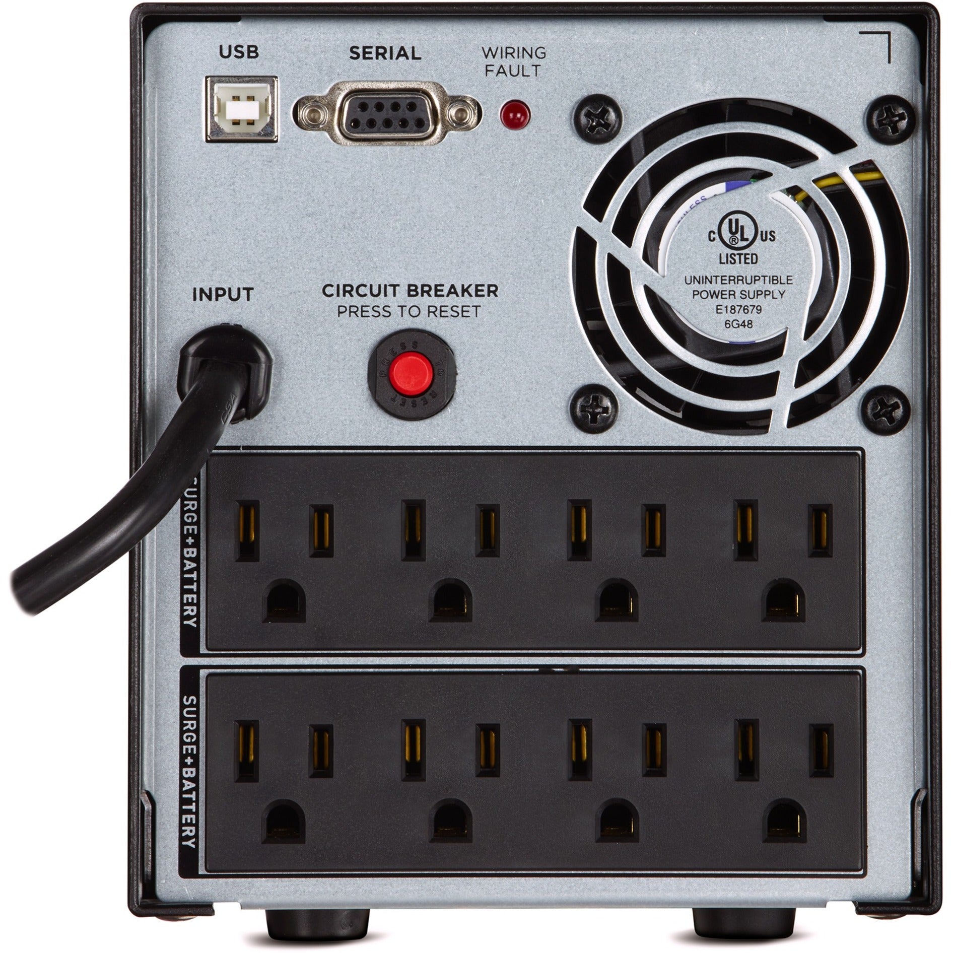 Rear panel view of CyberPower UPS showing outlets, ports, and cooling system-alternate-image4