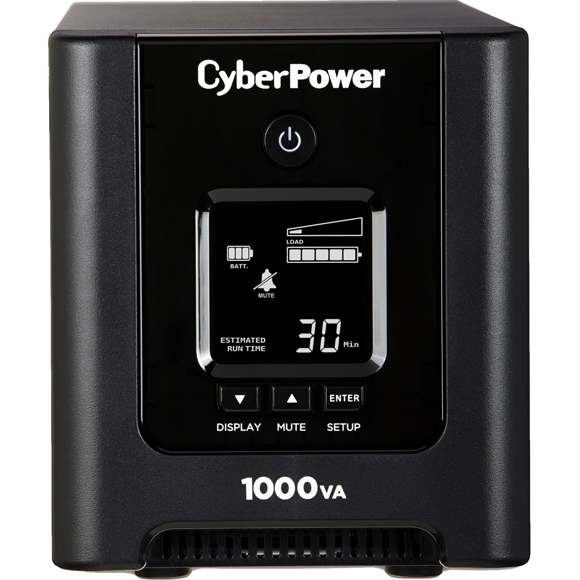 Front view of CyberPower OR1000PFCLCD UPS showing LCD display with runtime estimate and control buttons-alternate-image1