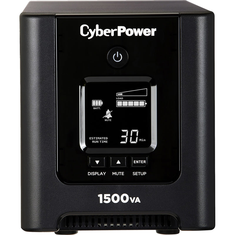 Front view of CyberPower OR1500PFCLCD UPS showing LCD display panel with battery status and runtime indicators