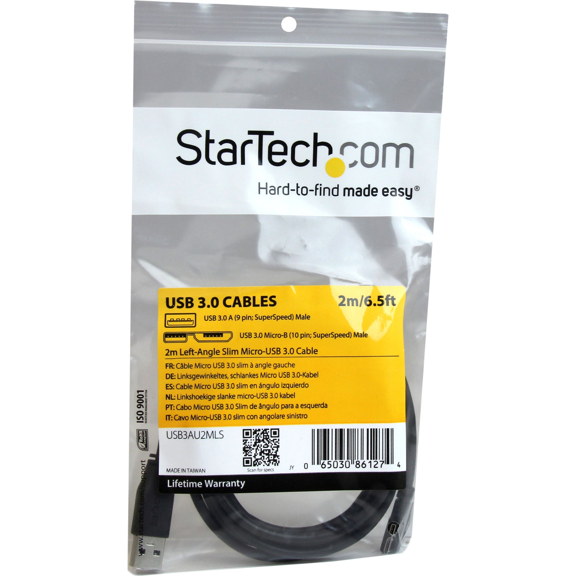 StarTech.com USB3AU2MLS Slim Micro USB 3.0 Cable, 2m 6 ft, Left-Angle Micro-USB, USB 3.1 Gen 1 (5 Gbps)