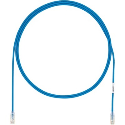 Blue Panduit Cat6a network patch cable with RJ45 connectors showing 6-foot length and strain relief boots