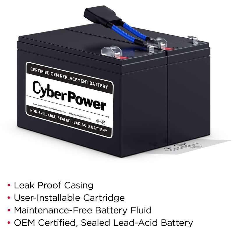 CyberPower battery highlighting leak-proof casing and maintenance-free features with text overlay