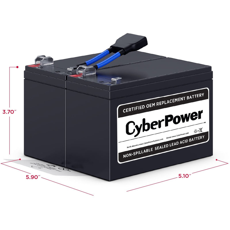 CyberPower battery with dimensional measurements showing compact size