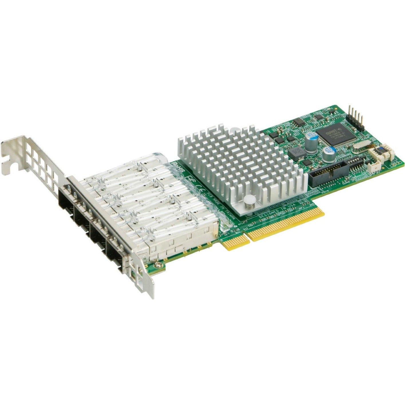 Supermicro AOC-STG-I4S 10Gigabit Ethernet card with four SFP+ ports and aluminum heatsink mounted on a green PCB-alternate-image1