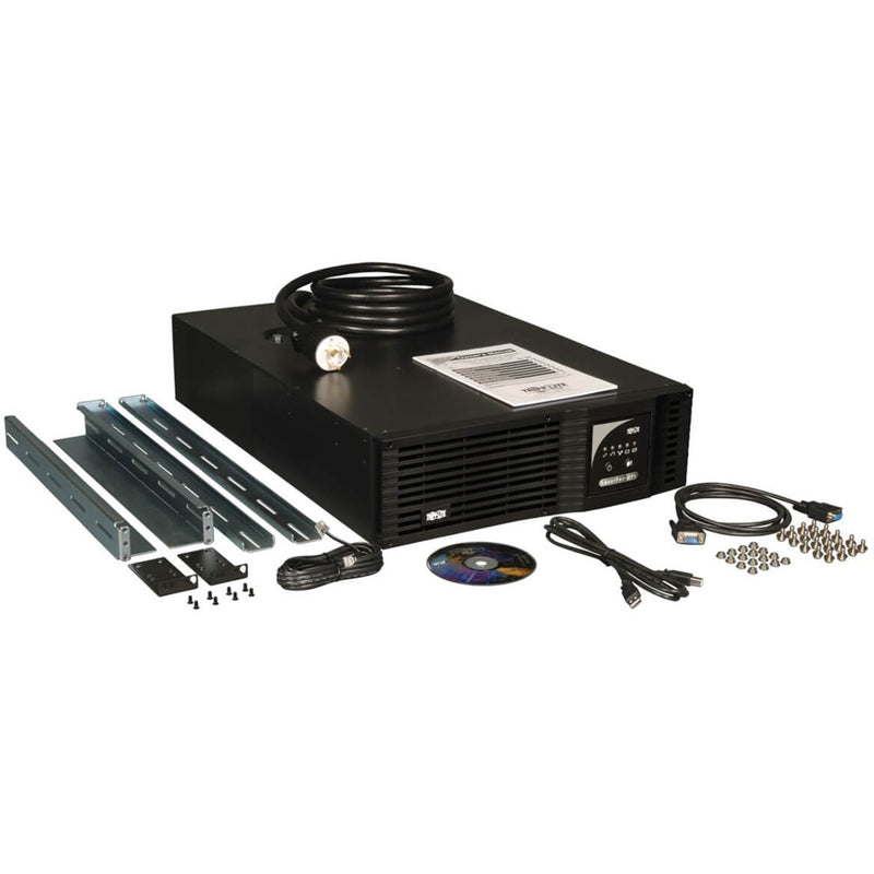 Complete package contents of SMART5000XFMRXL including UPS unit, mounting hardware, cables, and software