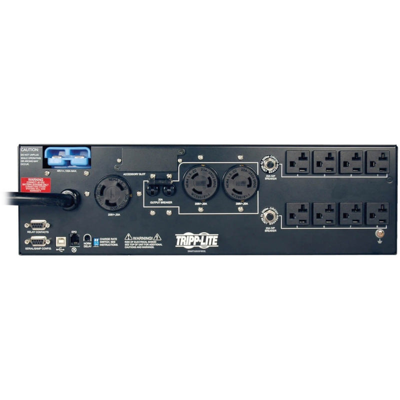 Rear panel view of SMART5000XFMRXL showing multiple outlets, communication ports, and connectivity options