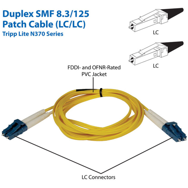 Technical diagram of Tripp Lite N370 Series fiber optic patch cable showing LC connectors and cable specifications