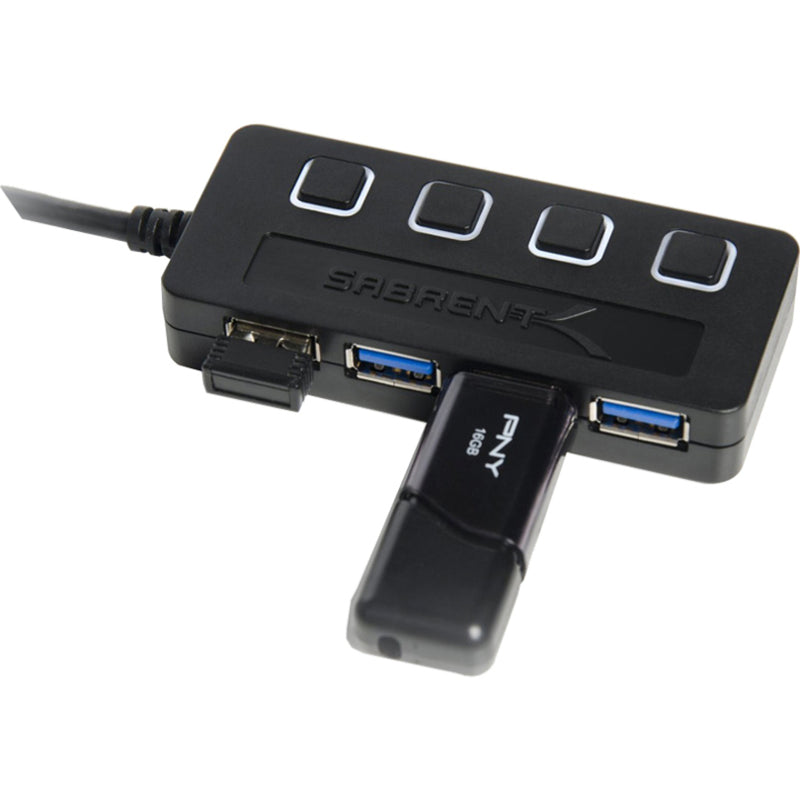 Sabrent USB hub in use with flash drive connected showing practical application