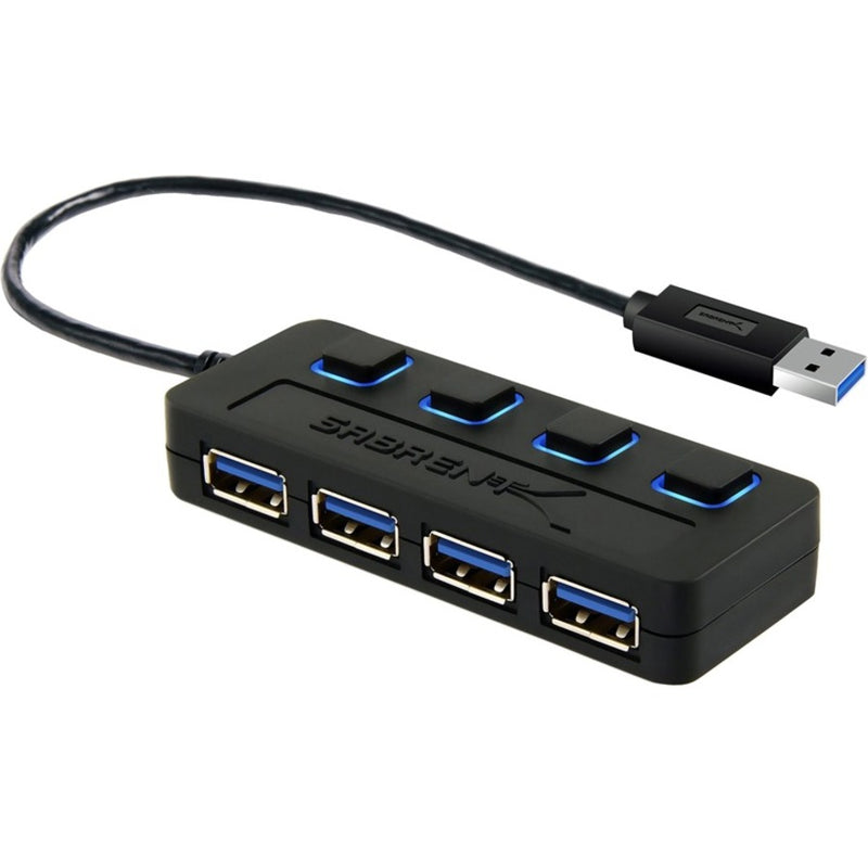 Sabrent 4-Port USB 3.0 hub with blue LED indicators and black housing showing front view of all ports