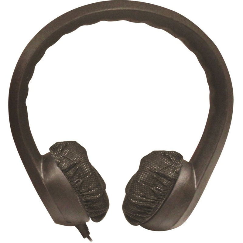 Side view of black foam headphones showing textured ear cushions and flexible headband design