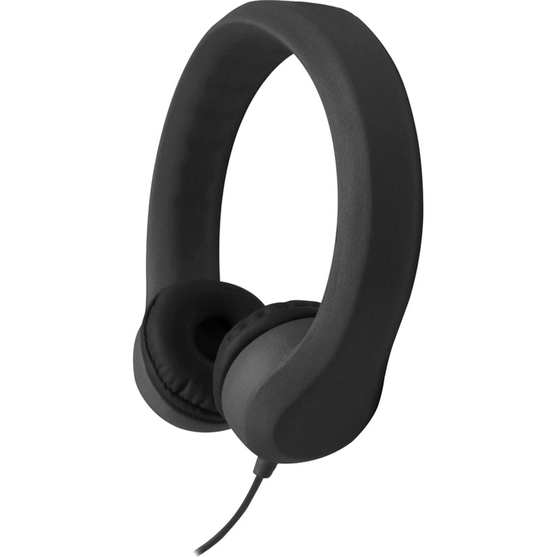 Full profile view of black foam headphones showing complete design and cable