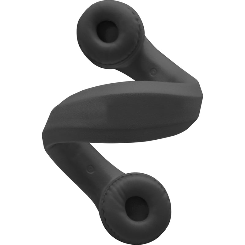 Twisted view of black foam headphones demonstrating flexible design capabilities