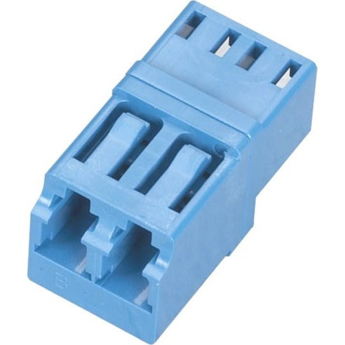 Blue LC fiber optic coupler with dual female ports showing precision-engineered connector slots-alternate-image1