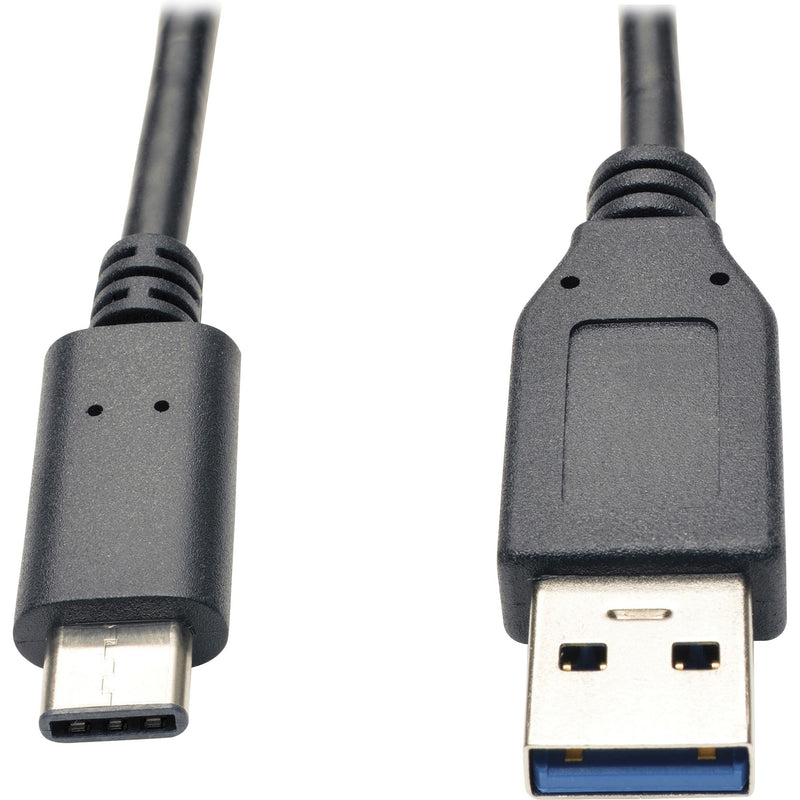 Close-up view of Tripp Lite U428-003 USB cable showing USB Type-C and USB Type-A connectors with gold-plated contacts