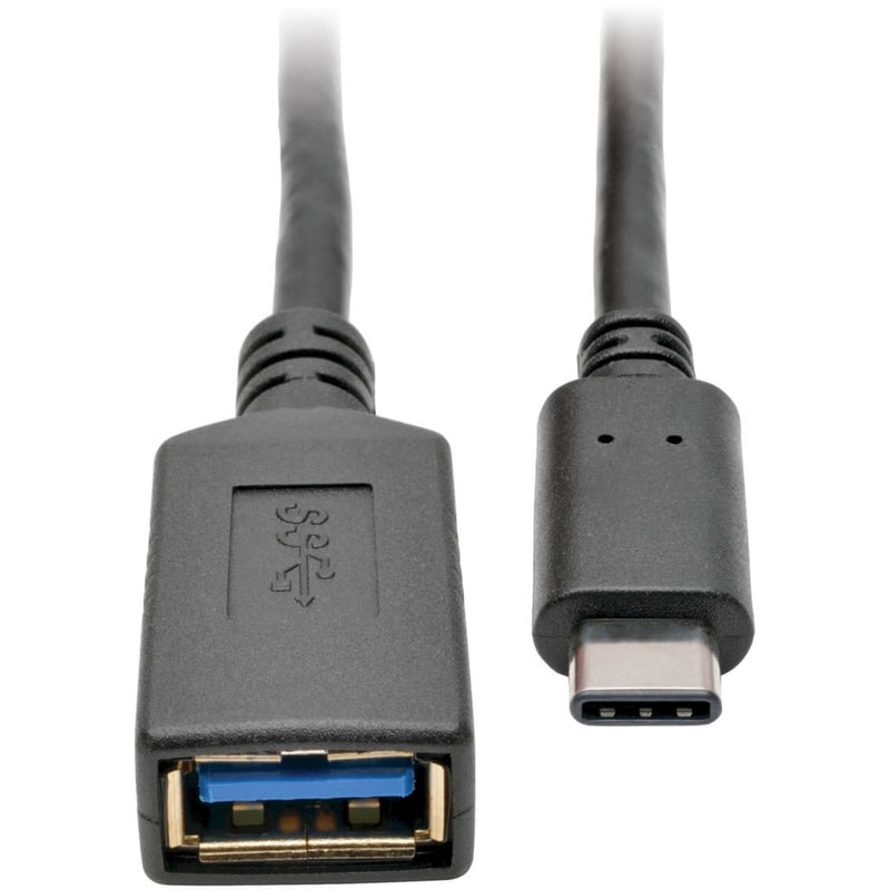 Detailed view of both USB Type-C and USB Type-A connectors of the Tripp Lite adapter cable