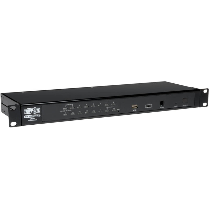 Front view of Tripp Lite NetDirector 16-port KVM switch showing LED indicators and control buttons in 1U rack mount form factor