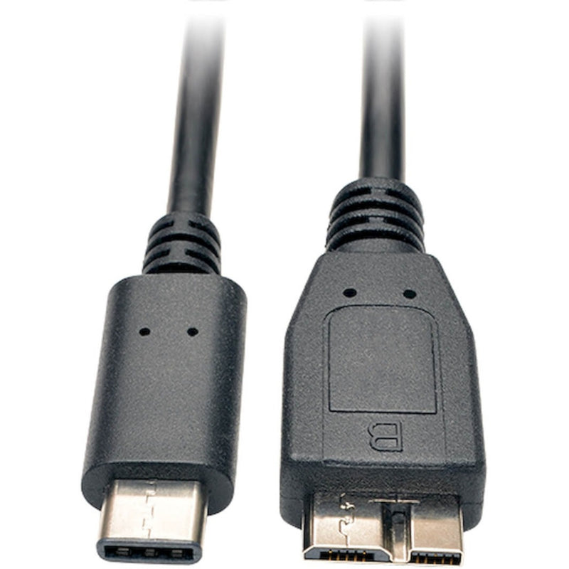 Close-up view of Tripp Lite U426-003 USB cable showing USB Type-C and Micro-B 3.0 connectors with strain relief and black housing