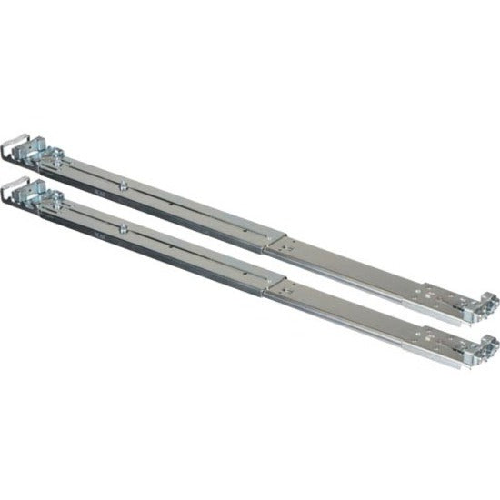 QNAP RAIL-B02 rack mount sliding rails displayed in silver finish with mounting brackets and adjustment mechanisms