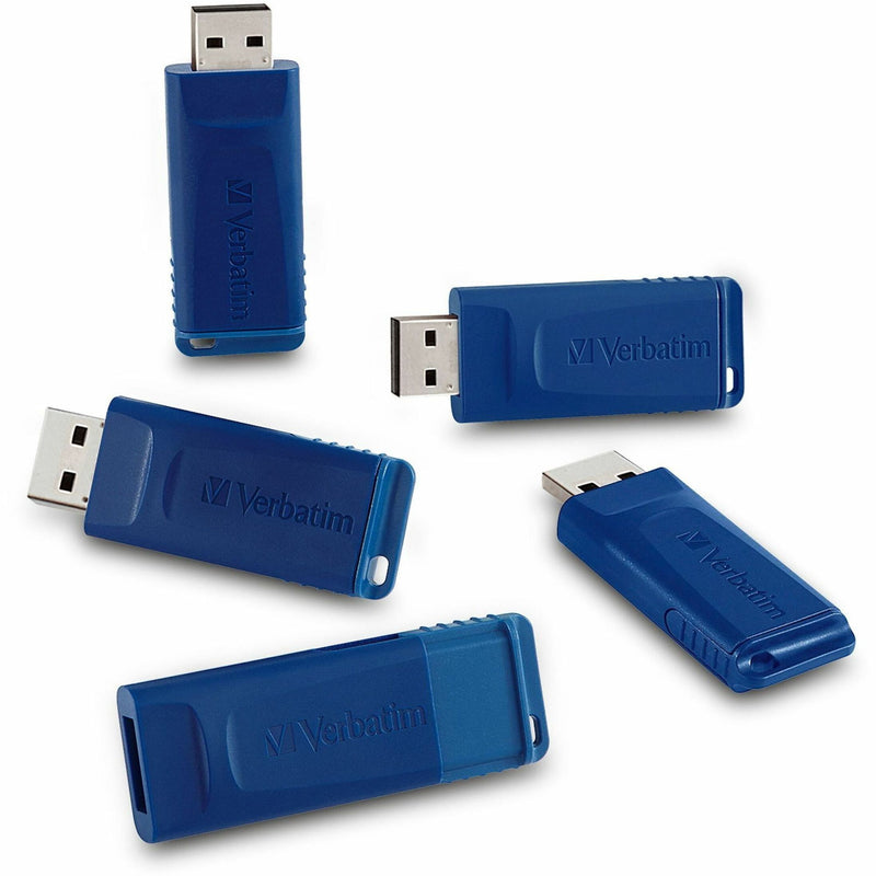 Five blue Verbatim USB flash drives with retractable design displayed in various angles