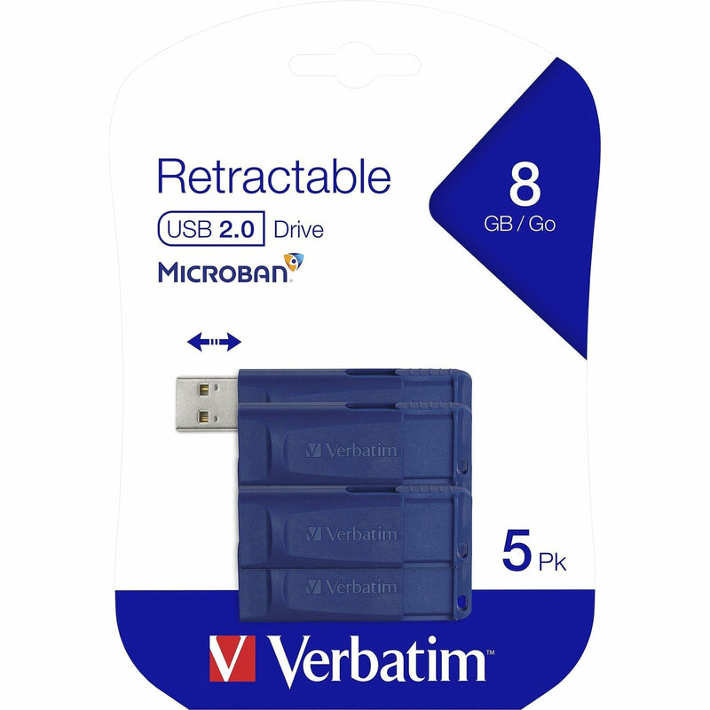 Product packaging showing five blue Verbatim USB drives with specifications