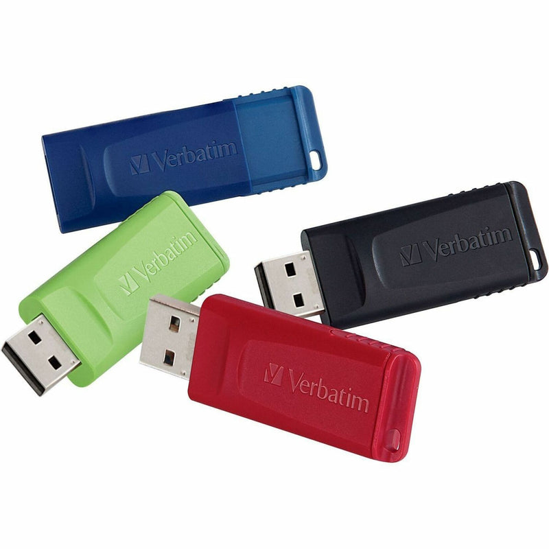 Four Verbatim Store 'n' Go USB flash drives in blue, green, red, and black arranged in a fan pattern