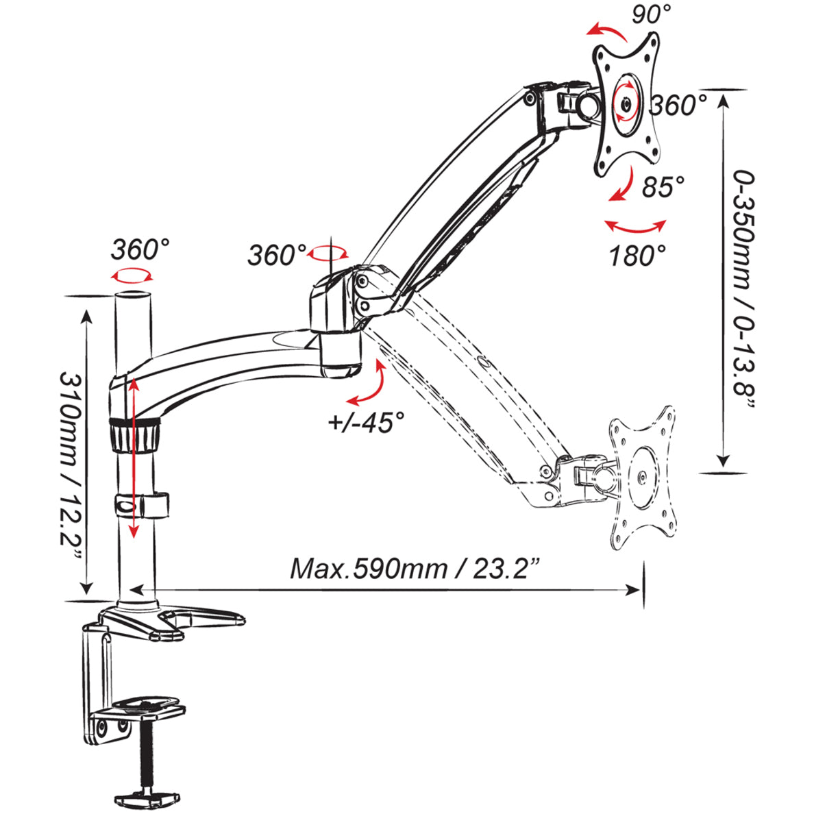 Amer Mounts HYDRA1 단일 모니터 마운트 조절 가능한 팔 늘릴 수 있는 기울기 회전 내구성 인체 공학적