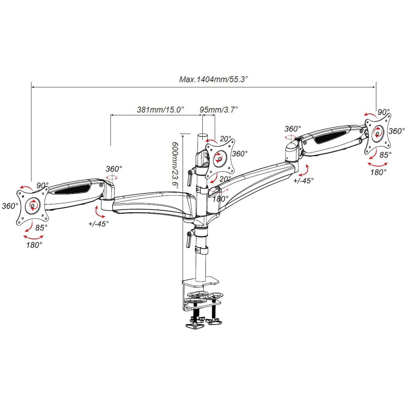 Amer Mounts HYDRA3 Triple Monitor Mount with Articulating Arms, Ergonomic, 360° Rotation, Cable Management