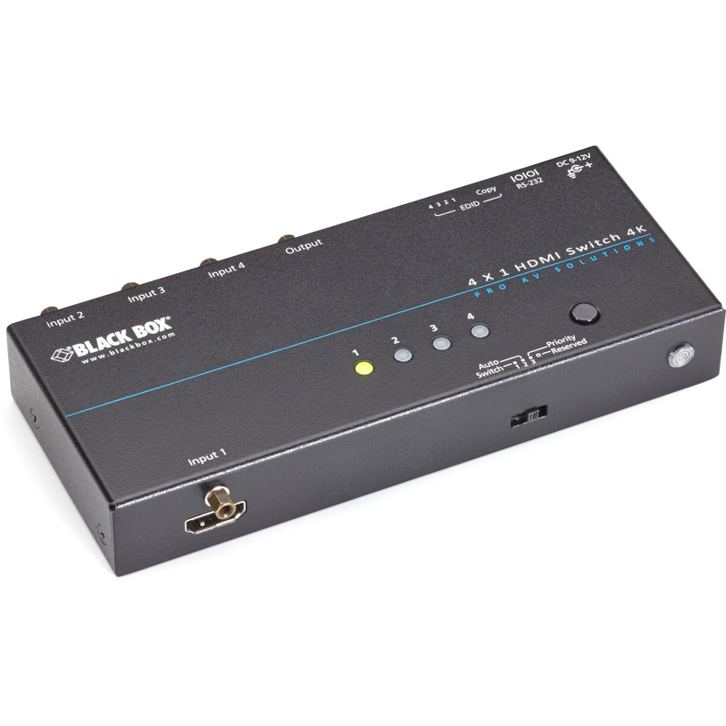 Black Box 4K HDMI Switch featuring four inputs, one output, LED indicators, and front panel controls in a sleek black metal housing