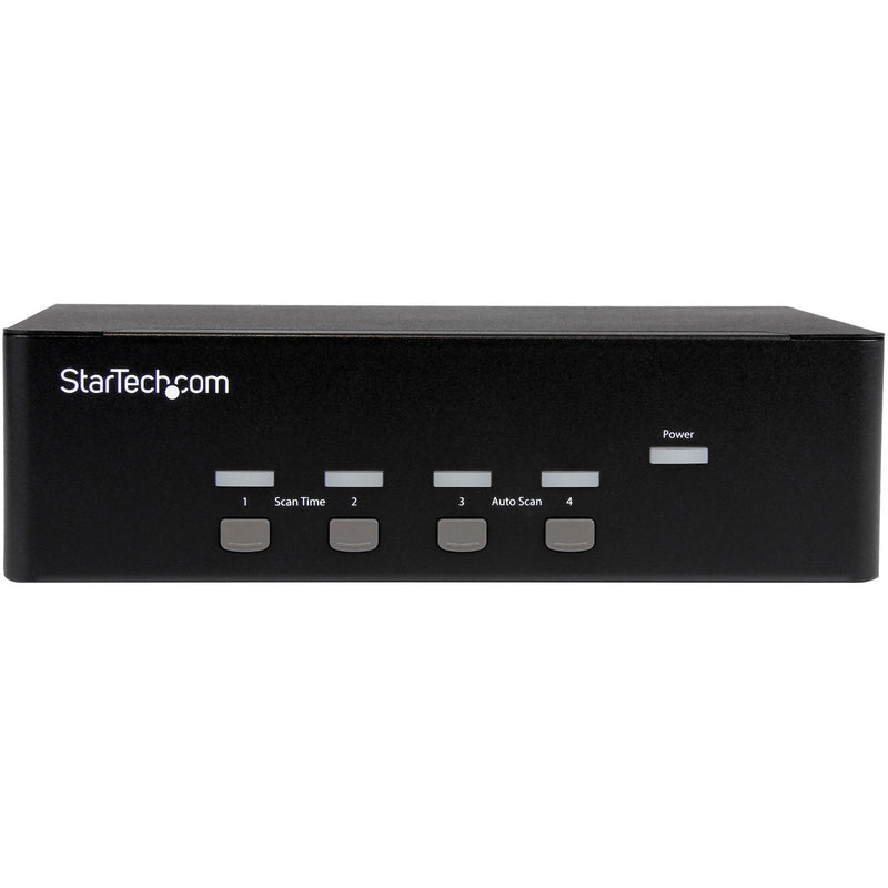 Angled view of StarTech.com KVM switch displaying sleek design and control interface