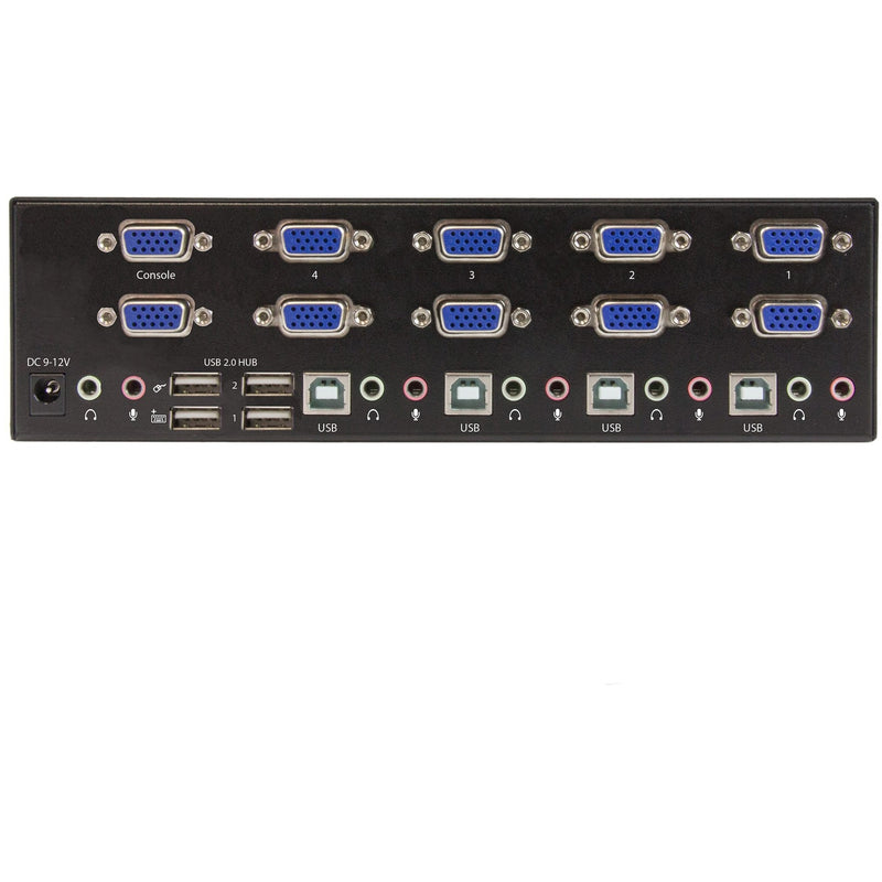 Rear panel view of StarTech.com KVM switch showing VGA ports, USB connections, and audio interfaces