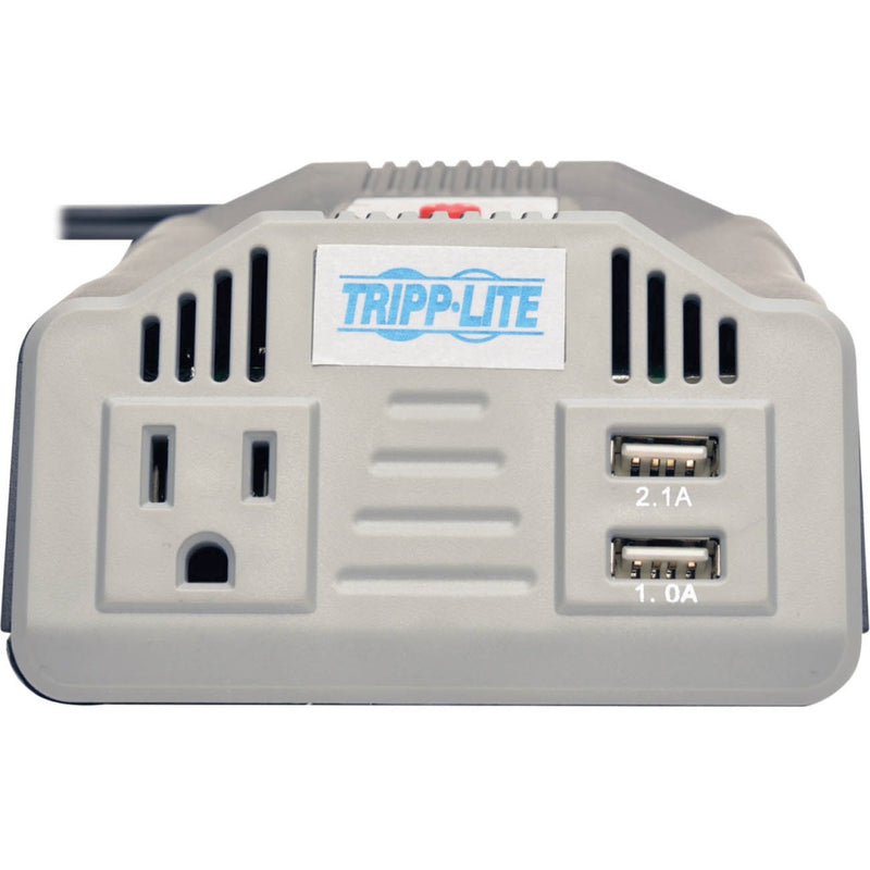 Close-up view of Tripp Lite PV200USB front panel showing AC outlet and USB ports with amperage ratings