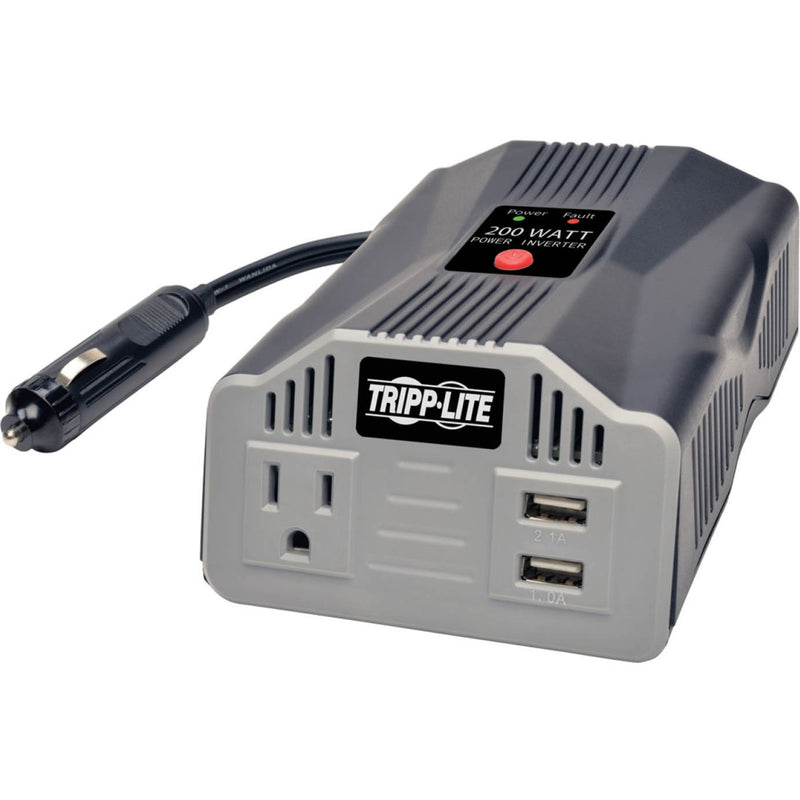 Tripp Lite PV200USB power inverter showing AC outlet and dual USB ports with status LED indicators