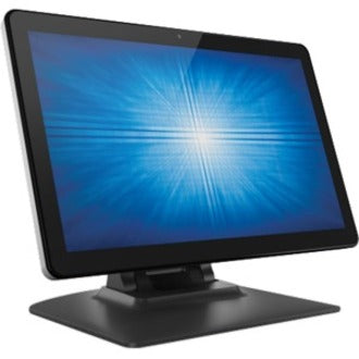 Side angle view of Elo I-Series display mounted on tabletop stand showing sleek profile