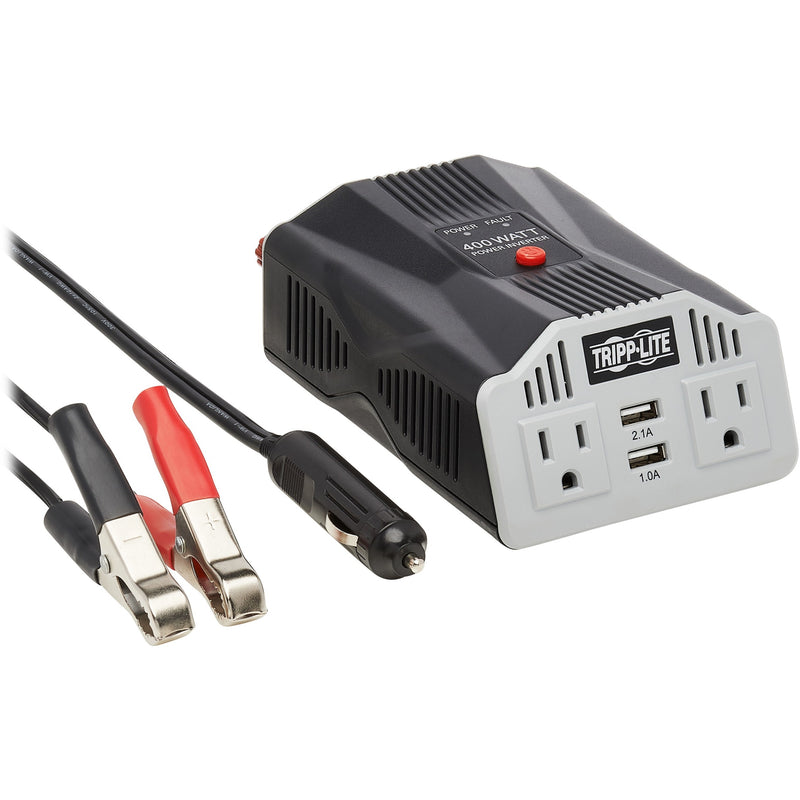 Tripp Lite PV400USB power inverter with cigarette lighter adapter and battery clips