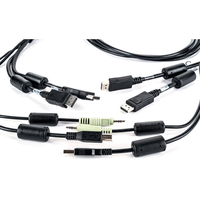 AVOCENT CBL0106 KVM cable showing dual DisplayPort connectors, USB interfaces, and audio connectors with strain relief features