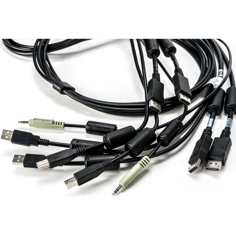 Close-up view of AVOCENT CBL0108 cable connectors showing DisplayPort, USB, and audio interfaces with strain relief