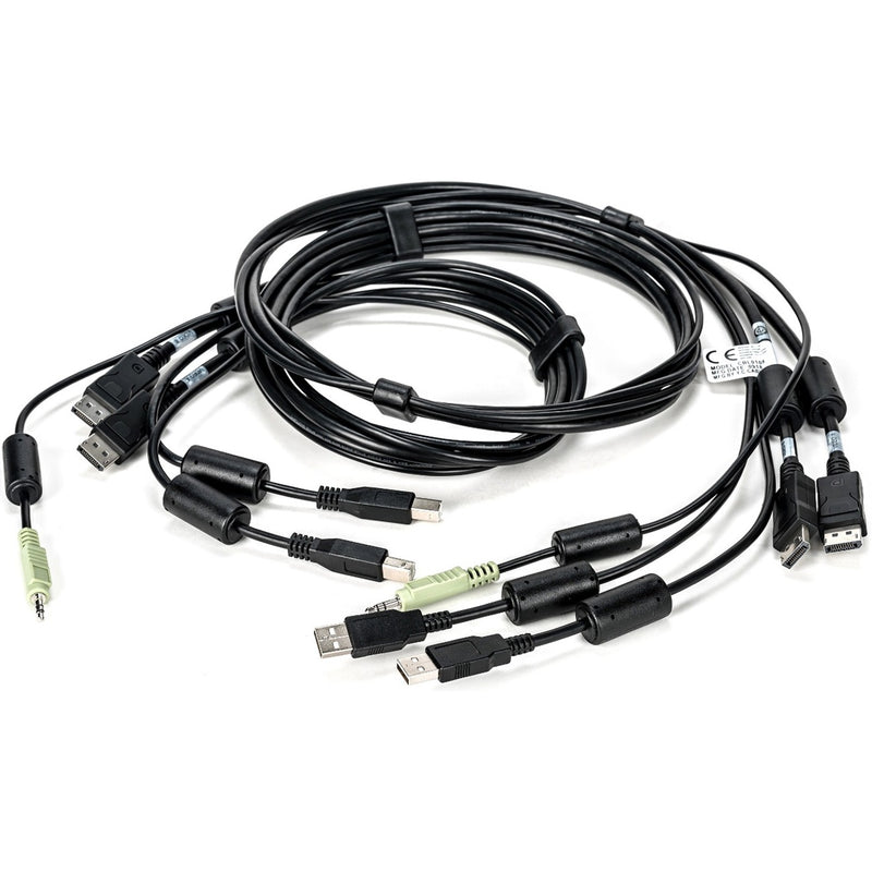 AVOCENT CBL0108 KVM cable showing multiple connectors including DisplayPort, USB, and audio ports with cable management clips