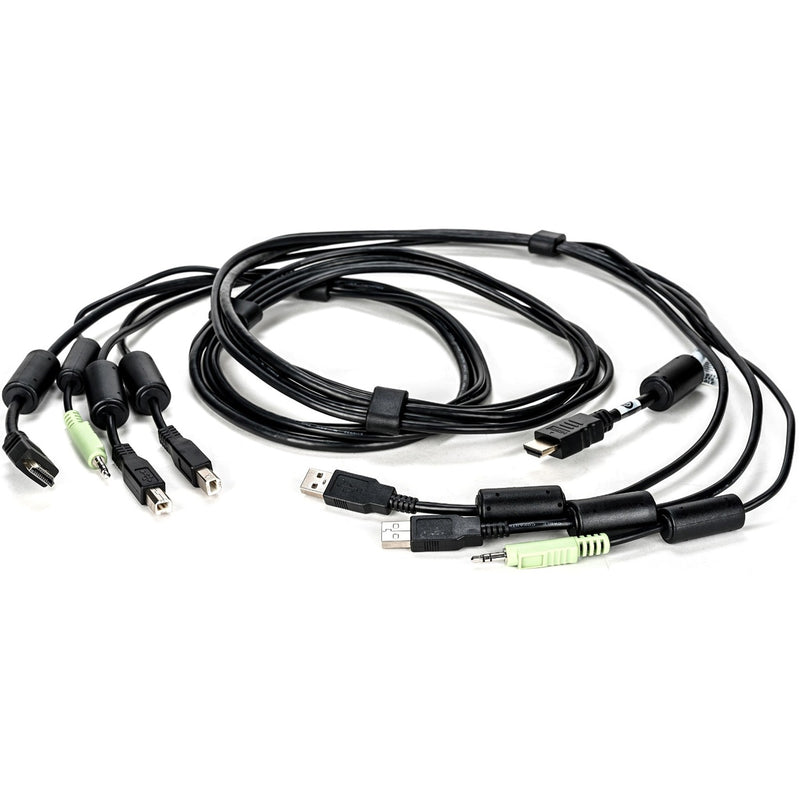 AVOCENT CBL0112 all-in-one KVM cable showing multiple connectors including USB, HDMI, and audio ports with cable management clips