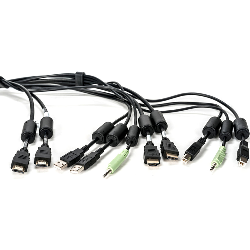 Close-up view of AVOCENT CBL0116 KVM cable connectors showing HDMI, USB, and audio interfaces