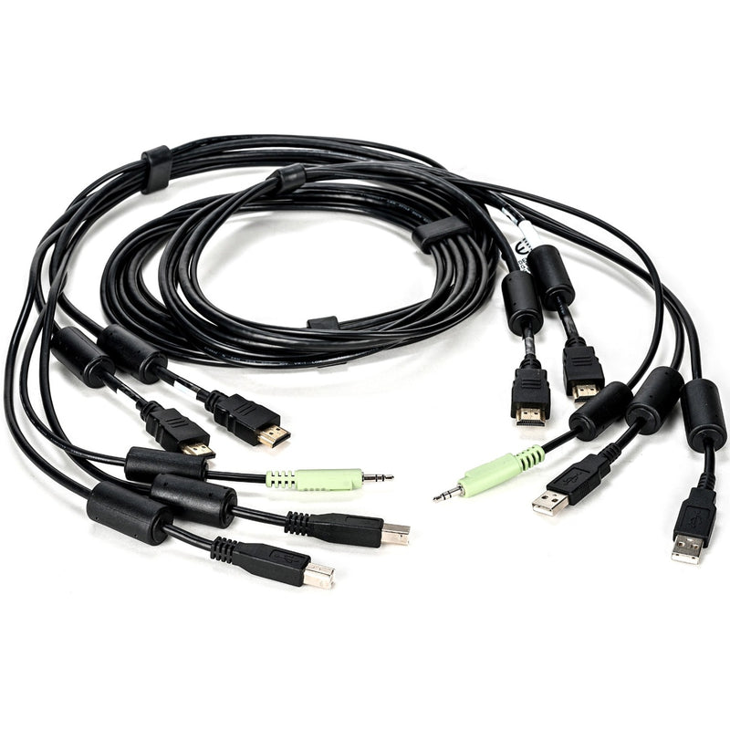 AVOCENT CBL0116 KVM cable showing dual HDMI connectors, USB ports, and audio jacks with integrated cable management clips